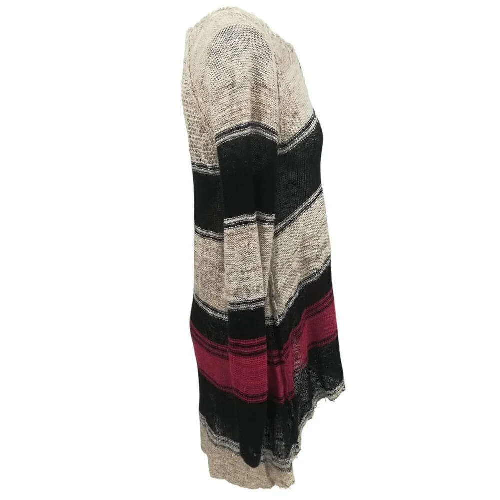 Free People Open Knit Tunic Hi Low Sweater Size S Striped Boho Bohemian Beige